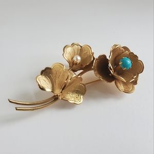 GOLD TONED Vintage Ginko Leaf and Flower Brooch Pin with pearl and turquoise tea